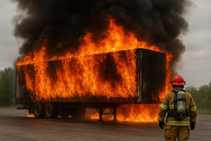 (video) Incendiu la Bălți: Remorca unui TIR, încărcată cu cabluri, a luat foc într-o parcare. Patru echipaje de pompieri au luptat cu flăcările