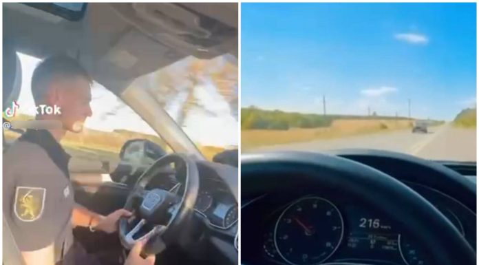 (foto) În uniformă, fără permis și cu 216 km/h la bord: Un „polițist” s-a filmat cum gonește cu mașina și a postat imaginile pe rețele. Ce spune IGP